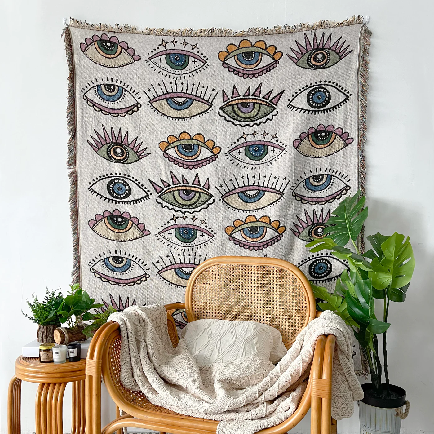 REVERSIBLE COTTON WOVEN TAPESTRY EVIL EYES THROW BLANKET