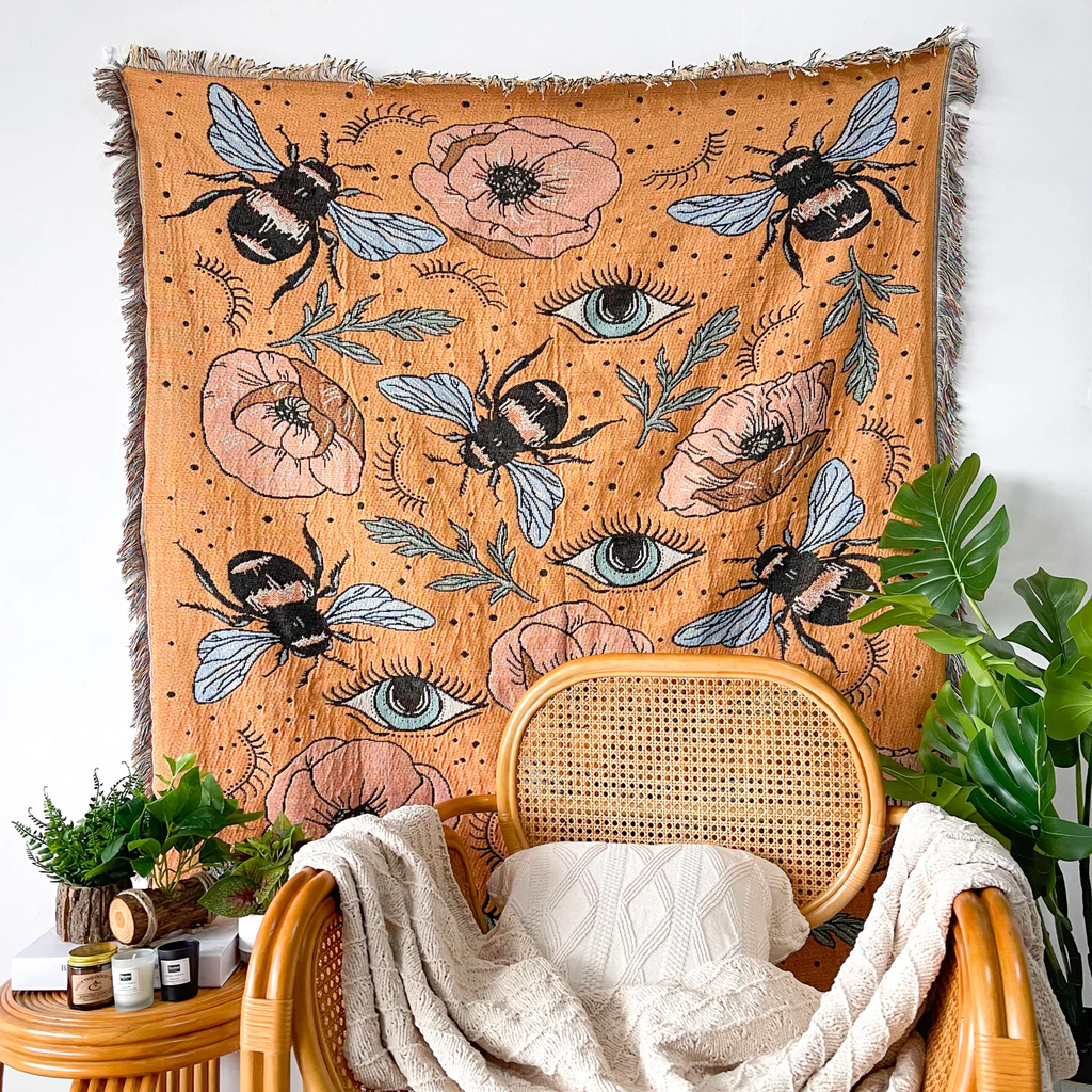 COTTON REVERSIBLE WOVEN TAPESTRY EVIL EYES AND BEES THROW BLANKET