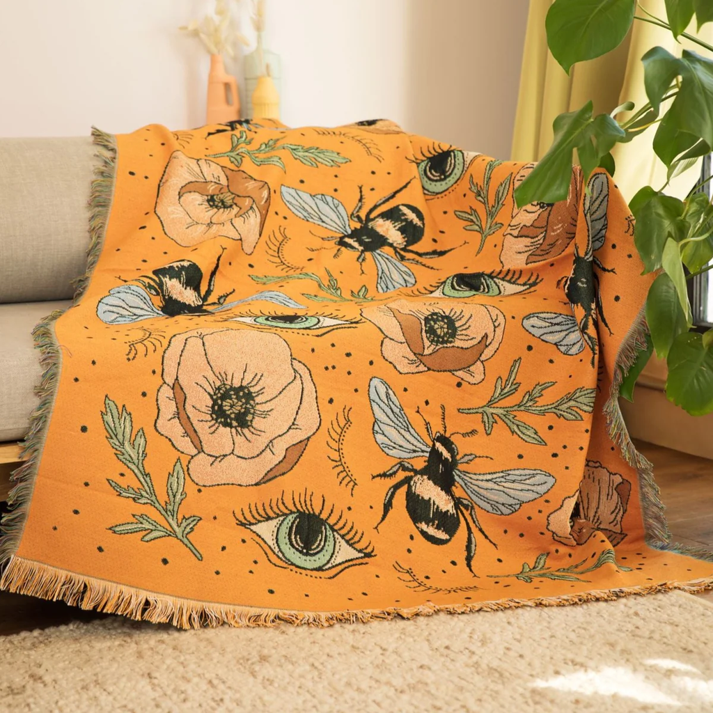 COTTON REVERSIBLE WOVEN TAPESTRY EVIL EYES AND BEES THROW BLANKET