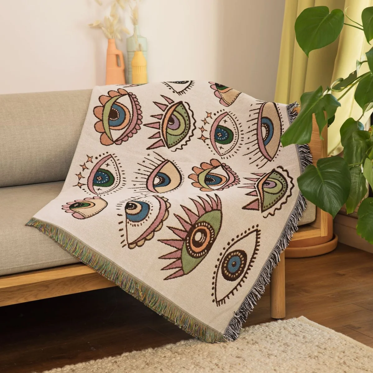 REVERSIBLE COTTON WOVEN TAPESTRY EVIL EYES THROW BLANKET