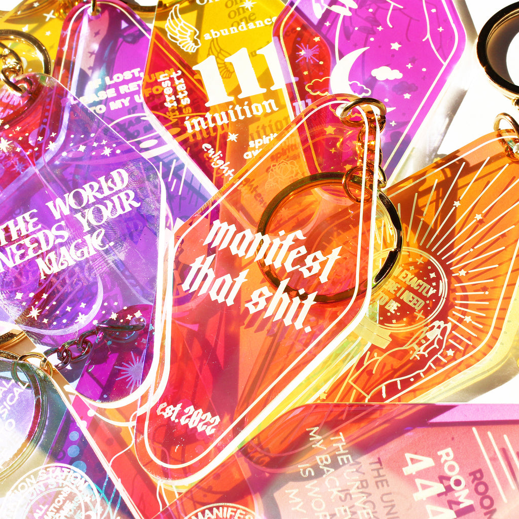 manifest keychain, iridescent keychains